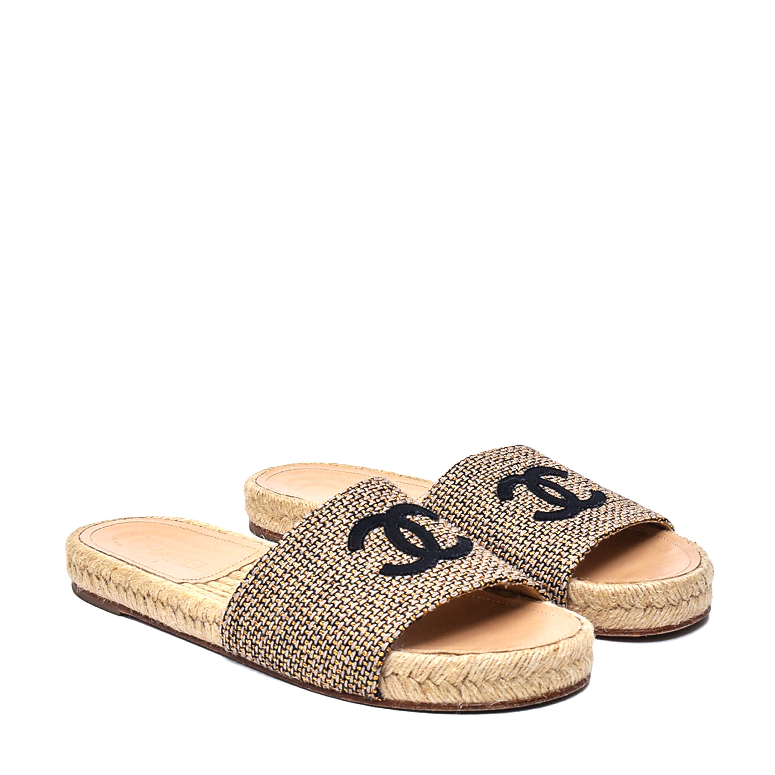 Chanel - Beige&Gold Shiny Knitted CC Sandals